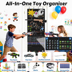 Over the Door Organizer for Toy Storage, 68.9"x25.6" Door Hanging with Hooks Slots Pockets and Felt Display Cabinet for Toy Guns, Toy Cars, Stuffed Animal, Home Living Space Saving Storage (Black)