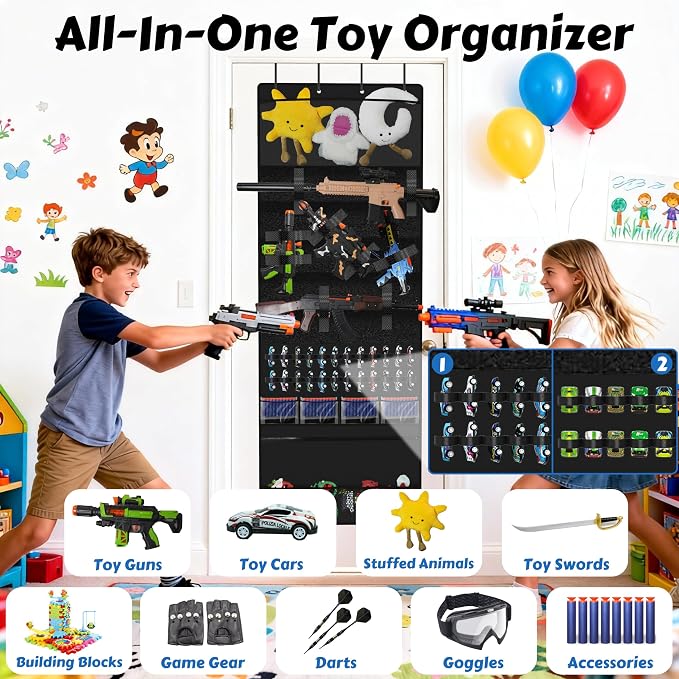Over the Door Organizer for Toy Storage, 68.9"x25.6" Door Hanging with Hooks Slots Pockets and Felt Display Cabinet for Toy Guns, Toy Cars, Stuffed Animal, Home Living Space Saving Storage (Black)