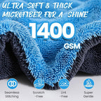 PUGPIU 1400GSM Large Microfiber Car Drying Towel Detailing 24"x36" | XL Super Absorbent Microfiber Towels - Edgeless with Twisted Loop - No Lint Streak for SUV Truck Car Detailing (Blue)