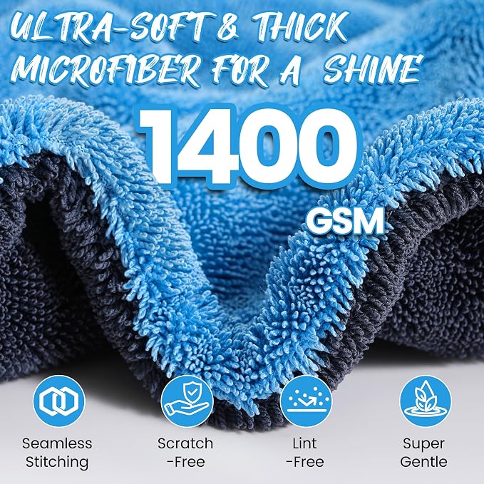 PUGPIU 1400GSM Large Microfiber Car Drying Towel Detailing 24"x36" | XL Super Absorbent Microfiber Towels - Edgeless with Twisted Loop - No Lint Streak for SUV Truck Car Detailing (Blue)