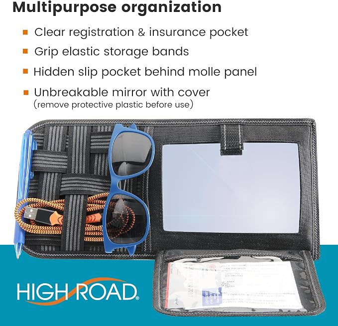 Car Sun Visor Organizer with Hidden Auto Registration and Insurance Holder, Car Visor Mirror and Grip Band Storage Panel for Sunglasses and Driving Essentials