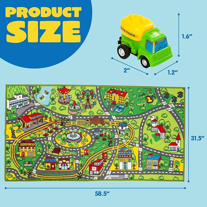 Carpet Playmat w/ 12 Cars Pull-Back Vehicle Set for Kids Age 3+, Jumbo Play Room Rug, City Pretending Play