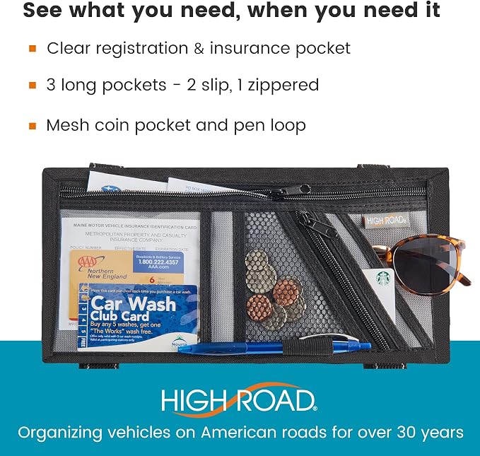 Car Visor Organizer with Zippered Pockets, Sunglasses Sleeve and Clear Photo or Registration and Insurance Pocket - Heavy Duty Straps Fit Most Car, SUV and Truck Visors - Gray