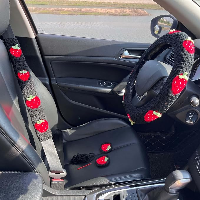 Crochet Steering Wheel Cover Set,Cute Car Steering Wheel Cover Boho 14-15in,Black Strawberry Granny Square, Hippie Car Accessories for Women(Black Strawberry Cover Set)