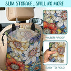 Car Garbage Bag Bright Yellow White and Blue Floral Hanging Canvas Car Trash Bag Drawstring Car Back Seat Organizer for Car Back Front Seat Console with Adjustable Buckle