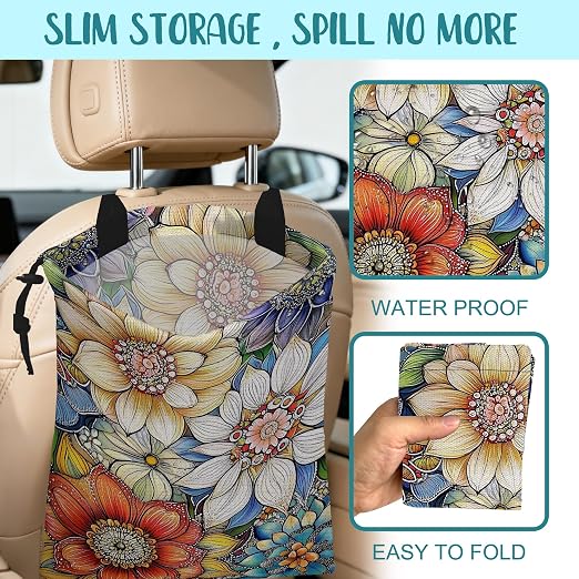 Car Garbage Bag Bright Yellow White and Blue Floral Hanging Canvas Car Trash Bag Drawstring Car Back Seat Organizer for Car Back Front Seat Console with Adjustable Buckle