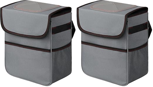 2 Gallon Car Trash Can Lid and Storage Pockets, Leak-Proof Collapsible and Portable Organizer, Multipurpose Garbage Bin with Adjustable Straps, Grey (Pack of 2)