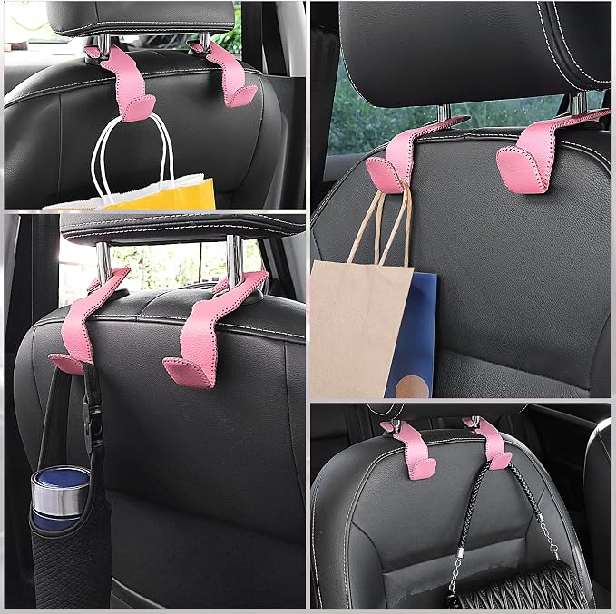 Headrest Hook for Car, Back Seat Organizer Pink Leather Hanger Holder Hook, Interior Car Accessories for Hanging Purses Bags Coats, 2 Pack