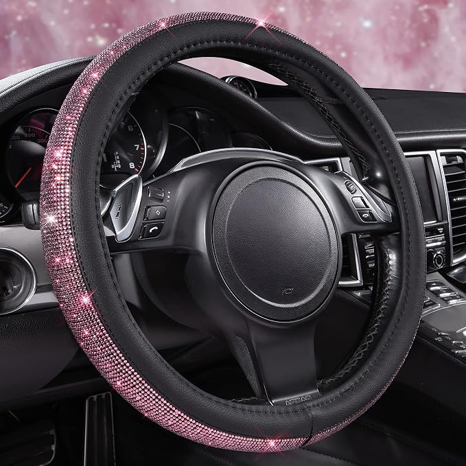 Bling Diamond Leather Steering Wheel Cover, Bling Sparkly Crystal Glitter Rhinestones Universal Fit 14" 1/2-15" Car Wheel Protect for Women Girl Fit Suvs,Vans,Sedans,Cars,Trucks, Pink Black