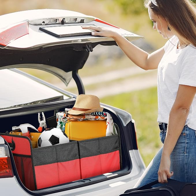 2 Compartments Car Trunk Organizer, 600D Waterproof Oxford Polyester Car Storage, Anti-slip 14" D x 22" W x 12" H Collapsible Trunk Storage, Suitable for SUV, Minivan, Truck, Red