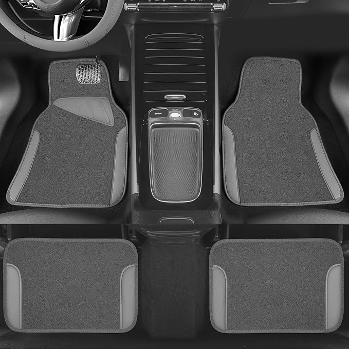 Microfiber Leather Steering Wheel Cover and Waterproof Car Floor Mats,Universal Car Combo Fit for 95% Sedan,SUV,Cars,14.5-15inch Anti-Slip Safety Comfortable Faux Leather Design(Solid Gray)