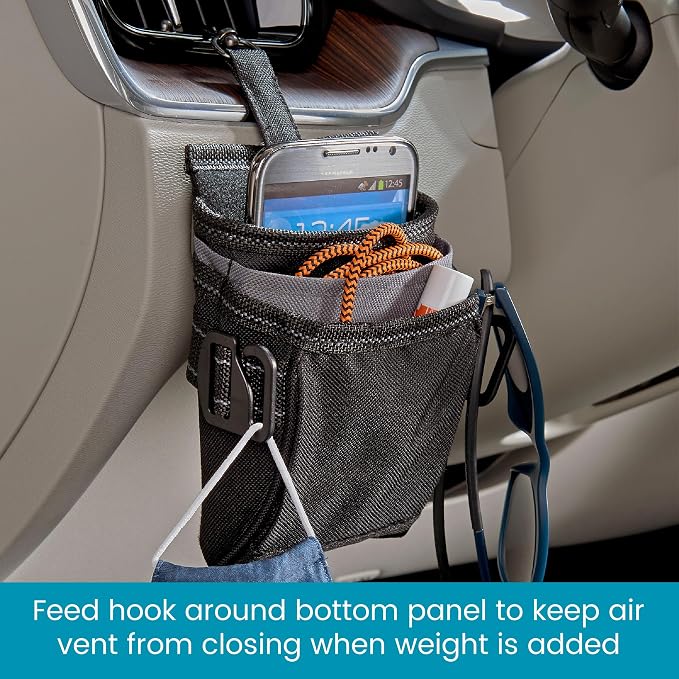DriverPockets Car Pouch - Air Vent Pocket and Vent Cell Phone Holder for Car - Front Seat Organizer with 3 Pockets, Hanging Hooks and Charging Port