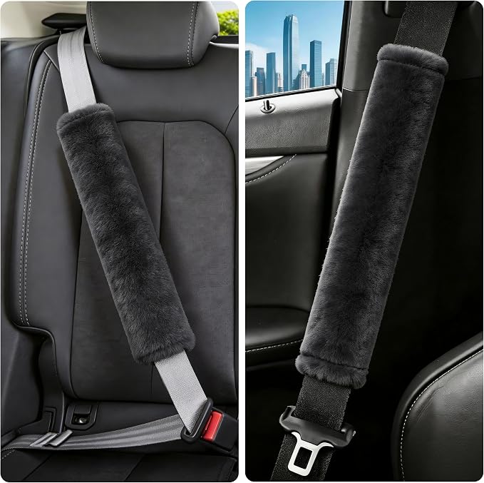 Soft Faux Fur Universal Fit Seatbelt Cover Car Truck SUV Airplane Seat Belt Shoulder Pad for Carmera Backpack Straps Neck Cushion Protector Extra Long 15.7in Dark Gray