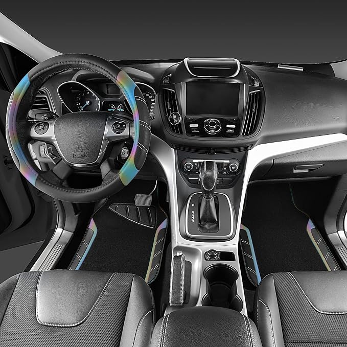 Leather Steering Wheel Cover and Waterproof Car Floor Mats,Microfiber Universal Car Combo Fit for 95% Sedan,SUV,Cars,14.5-15inch Sporty Anti-Slip Safety Comfortable Design(Black＆Reflective)