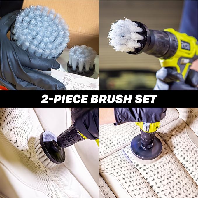 Universal M8 Light-Duty Soft Leather & Fabric Brush Drill Attachment – White Scrub Brush Kit for Fabric, Leather, Upholstery, Convertable Top & Seats – Removes Grime, Stains, Dirt & Buildup