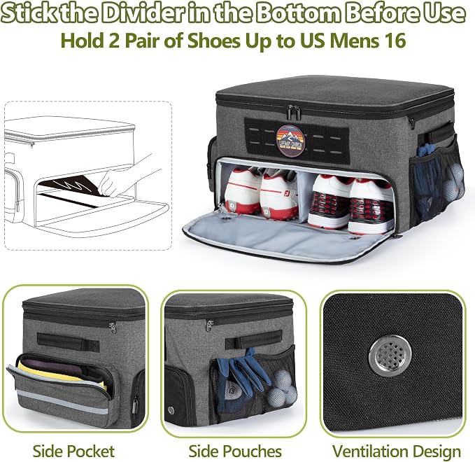 Golf Trunk Organizer Storage with Separate Compartment for 2 Pair Shoes Up to US Mens 16, Golf Car Locker Organizer for Balls, Tees, Clothes, Gloves, Accessories, Grey