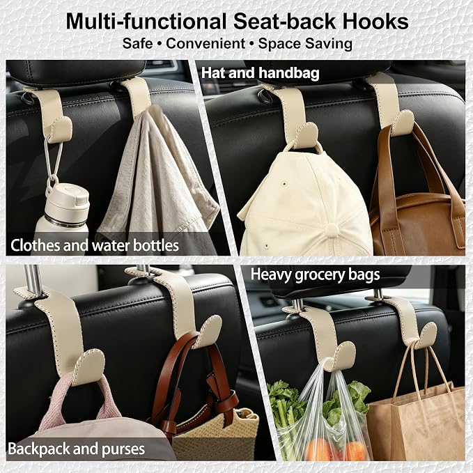 Car Seat Headrest Hook, Universal Vehicle Storage Hanger, Leather with Metal Car Seat Back Organizer for Handbag, Purse, Coat, Ergonomic Design, Beige 4 Pack