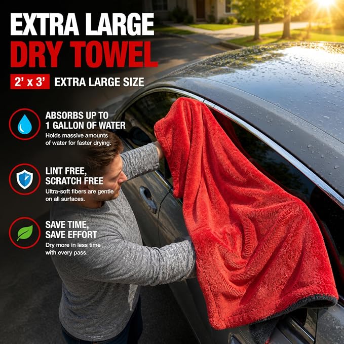 Car Drying Towel 24”x36”, 1400 GSM Twisted Loop Microfiber, Ultra Absorbent, Streak-Free, Lint-Free, Scratch-Free for Car, Truck & SUV, Quick Drying in Fewer Passes (Red)