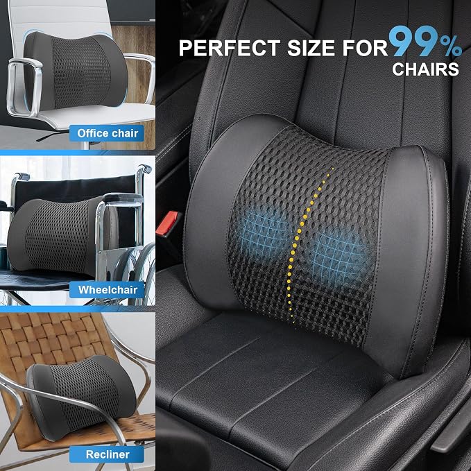 Lumbar Support Pillow for Car, Car Seat Back Support for Driving | Memory Foam Car Lumbar Support for Driving, Car Back Cushion, Adjustable Straps, Lower Back Pillow, Breathable 4D Mesh, Black