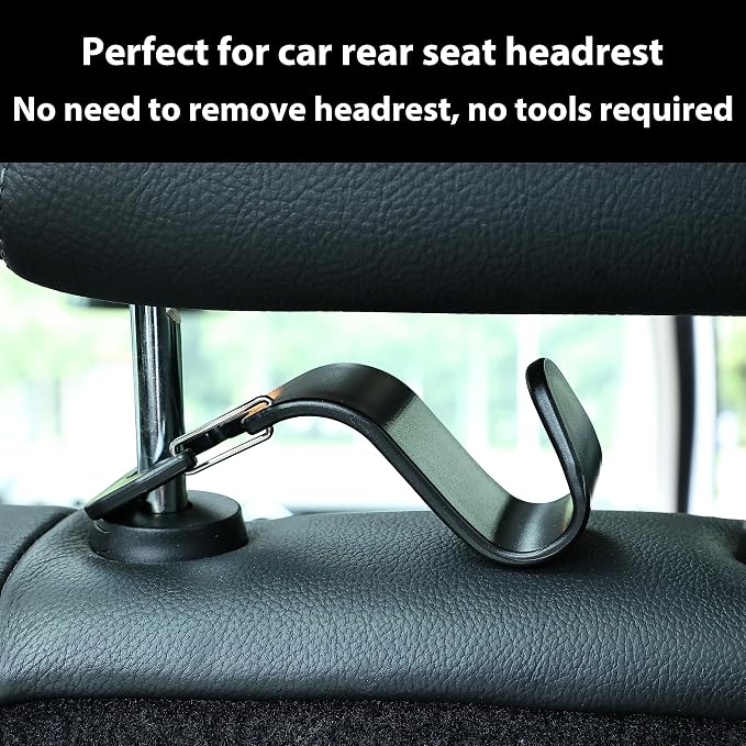 4-Pack 360° Rotating Car Headrest Hooks Vehicle Storage Organizer for Purses Handbags Groceries Backpack Coats – Holds 55lbs Universal Fit with Clip Black