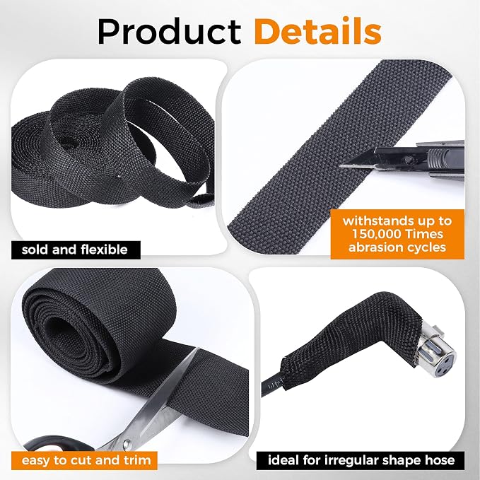 Black 2:1 Ratio Automotive Heat Shrink Braided Sleeving,Wear-Resistant Flat Woven Shrinkable Sleeve Fabric Car Cable Wires Hoses Protection (2''-35ft)