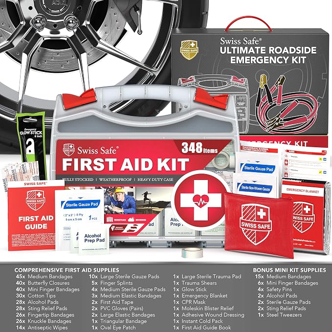 2-in-1 Car Emergency Kit | 12-FT Heavy-Duty Jumper Cables & 378-Piece Comprehensive Car First Aid Kit | Compact Roadside Auto Essentials for Vehicle Safety