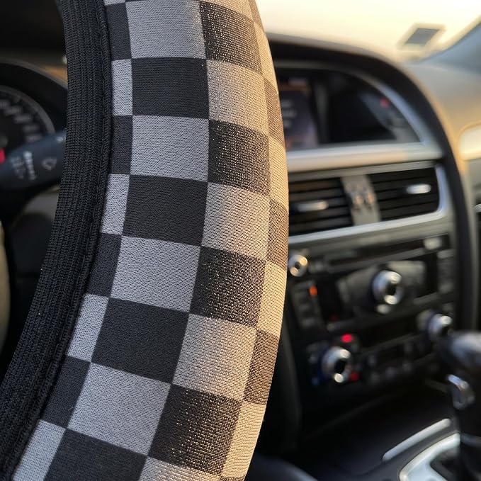 Checkered Gray Steering Wheel Cover Universal 15 Inch + 2 Car Coasters | neoprene Non-Slip Breathable Elasticity Universal for Car Truck SUV for Women Men