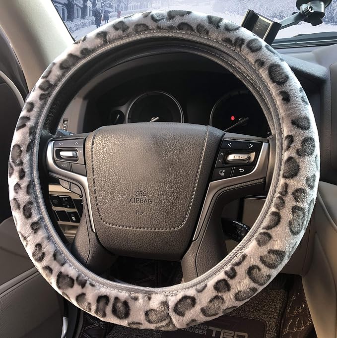 Leopard Print Steering Wheel Cover, Universal 15 Inch Elastic Plush Softy Steering Wheel Cover for Women Girls, Winter Warm, Anti-Slip, Gray