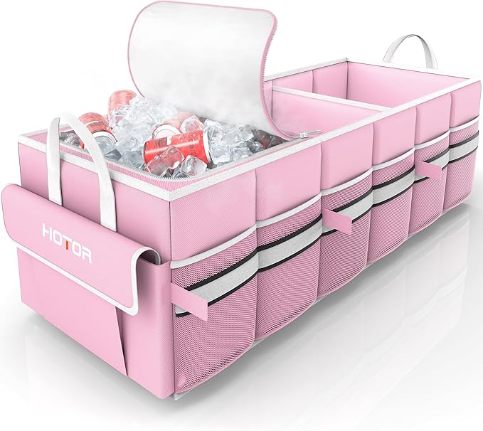 Trunk Organizer - Car Organizer with Built-In Leakproof Car Cooler, Collapsible Trunk Organizer with Cooler for Car, SUV, Sedan, with Base Panel (3 Compartments, Pink),31.9"×12.6"×10.6"