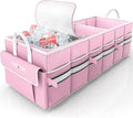Trunk Organizer - Car Organizer with Built-In Leakproof Car Cooler, Collapsible Trunk Organizer with Cooler for Car, SUV, Sedan, with Base Panel (3 Compartments, Pink),31.9"×12.6"×10.6"