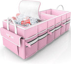 Trunk Organizer - Car Organizer with Built-In Leakproof Car Cooler, Collapsible Trunk Organizer with Cooler for Car, SUV, Sedan, with Base Panel (3 Compartments, Pink),31.9"×12.6"×10.6"