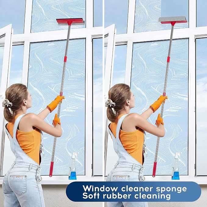 Window Squeegee, 2-in-1 Window Cleaner with 55" Extension Poles, Window Washing Kit, Glass Door Cleaner, Multi-Use Car Windshield Cleaning Tool with Long Handle for High Outdoor Windows