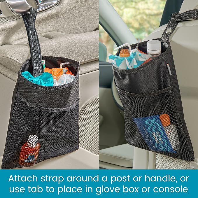 TrimTrash Hanging Car Garbage Bag - Slim and Leakproof Car Trash Bag with Magnetic Closure and Storage Pocket - Attaches to Seat, Glovebox or Console