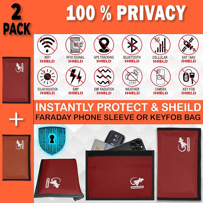 Faraday Bag Anti-Tracking GPS RFID Car Key Signal Blocker Wallet Shielding Pouch Protective Case for Cell Phone Car Key FOB, Data Privacy, Electronic Device Security (2 PACK - RED AND ORANGE)