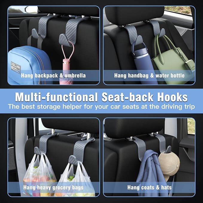 Car Seat Headrest Hook 4 Pack Hanger Universal Vehicle Car Storage Organizer for Handbag Purse Coat S Type Checkered Grey