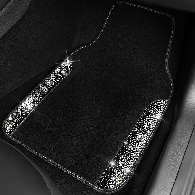 Bling Car Mats Shining Diamond Carpet Crystal Rhinestone Sparkly Glitter Floor Mats with Anti-Slip PVC Pad Universal Fit Automotive SUV,Sedan,Van,4pcs for Girl Women, Black Sliver Diamond
