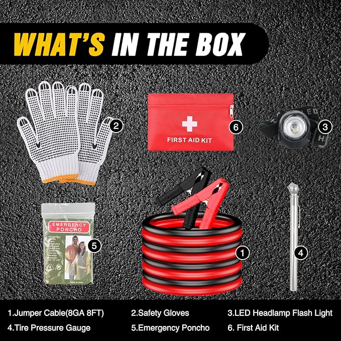 Car Emergency Kit with Jumper Cable, First Aid Kit Safety Assistance Tools for Travel Camping Outdoor Cars Truck SUV RV, Roadside Essentials with Flash Light