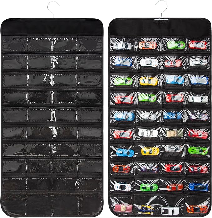 Hanging Organizers for Toy Car Double Sided 80 Pockets Display Case for Toy Cars (Without Toy Cars) (80 Slots Black)