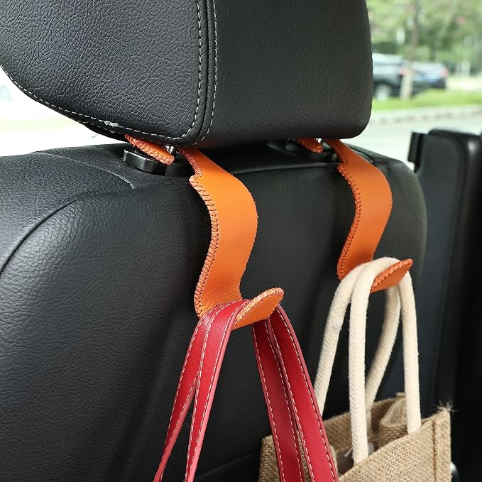 Car Seat Headrest Hook Universal Vehicle Storage Hanger Leather with Metal Car Seat Back Organizer for Handbag Purse Coat Orange 2 Pack