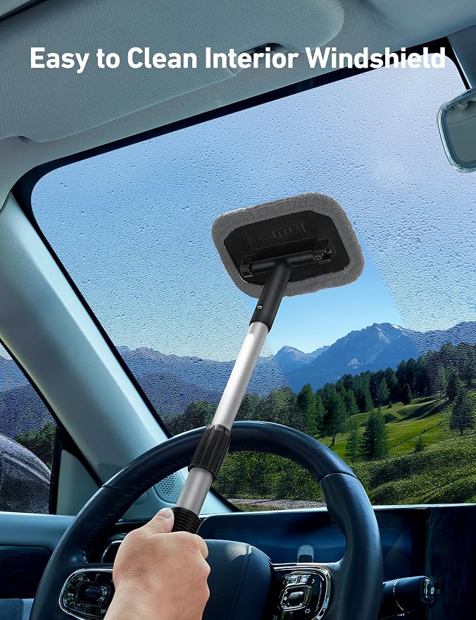 Windshield Cleaner, Microfiber Window Cleaner with 4 Reusable Washable Large Sponge Pads, Extendable 180° Rotating Handle, Fits Cars & SUVs, Includes Spray Bottle, Gray