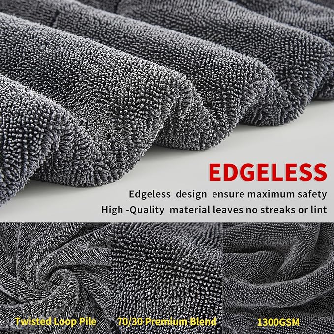 Wasal Car Drying Towel, 24" x 36" XL | 1300 GSM Microfiber, Edgeless Twisted Loop Design, 70/30 Blend, Super-Fast Drying, Streak Free