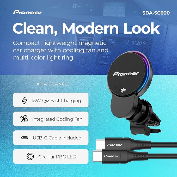 Qi2 Wireless Car Charger and Magnetic Phone Holder Mount for Air Vent - MagSafe Compatible Car Phone Charger for iPhone and Android with Cooling Fan, RBG Illumination, Includes Metal Ring