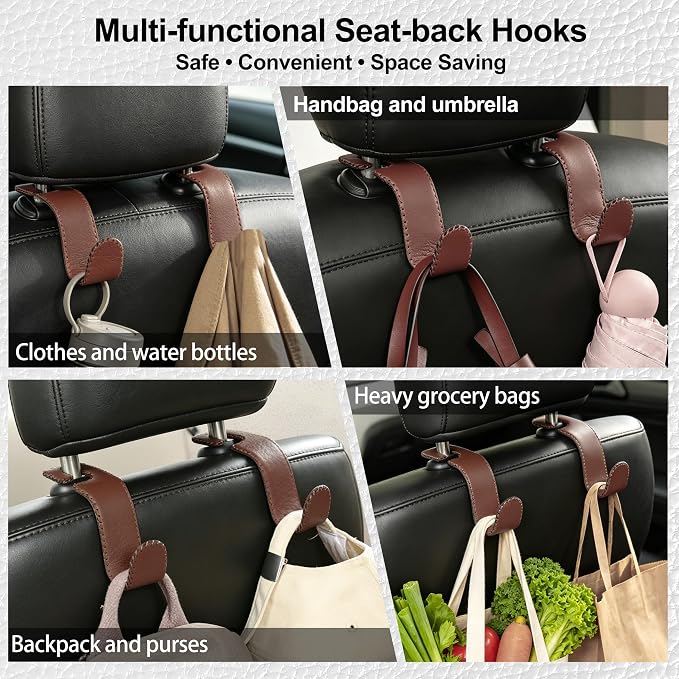 Car Seat Headrest Hook, Universal Vehicle Storage Hanger, Leather with Metal Car Seat Back Organizer for Handbag, Purse, Coat, Ergonomic Design, Brown 2 Pack