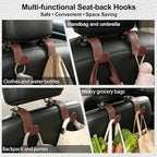 Car Seat Headrest Hook, Universal Vehicle Storage Hanger, Leather with Metal Car Seat Back Organizer for Handbag, Purse, Coat, Ergonomic Design, Brown 4 Pack