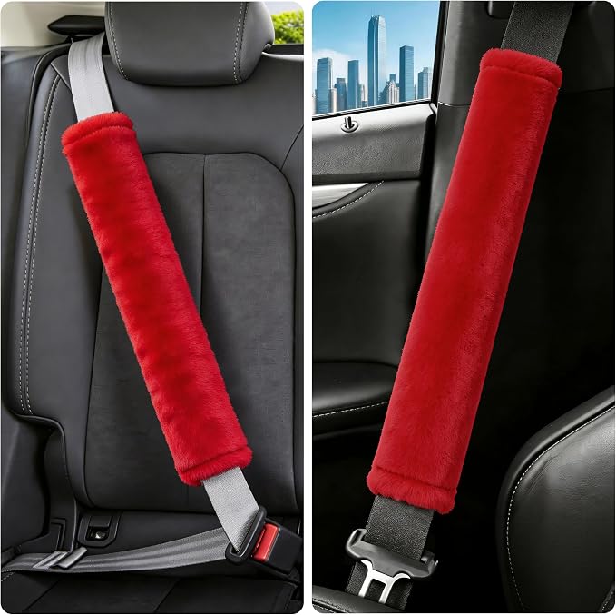 Soft Faux Fur Universal Fit Seatbelt Cover Car Truck SUV Airplane Seat Belt Shoulder Pad for Carmera Backpack Straps Neck Cushion Protector Extra Long 19.7in Red