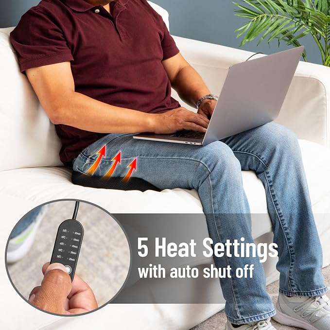 Heated Memory Foam Seat Cushion with Air-Cloud Support, Slim Ergonomic Cushion with 4 Heat Settings Timer and Auto Shut-Off, Black