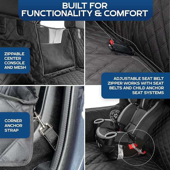 Dog Hammock for Car, Black – As Seen on Shark Tank – Back Seat Protector for Cars, Mid-Size SUVs, & Mid-Size Trucks – Waterproof, Touch Fasteners, & Belt Slots – Heavy Duty Dog Seat Cover