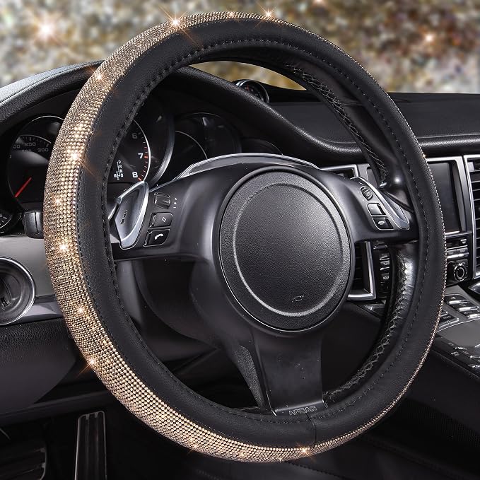 Bling Champagne Diamond Steering Wheel Cover, Black Leather Universal Fit 14.5-15inch Glitter Rhinestones for Women Sparkle Crystal Girly Shining for SUV,Vans,Sedan,Car,Truck, Black Champagne