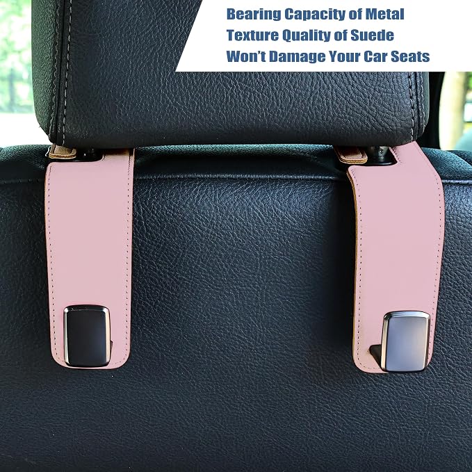 Car Seat Back Hook Universal Auto Storage Hanger Suede with Metal Car Seat Organizer for Handbag Purse Coat Umbrellas Grocery Bags 2 Pack Pink