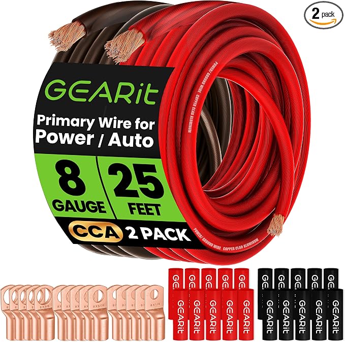 8 Gauge Amp Wiring Kit CCA 3-in-1, 8 AWG Copper Clad Aluminum Power & Ground Battery Cable, 25 ft Each Black & Red, with 15 Lugs & 20 Heat Shrink for Car Audio